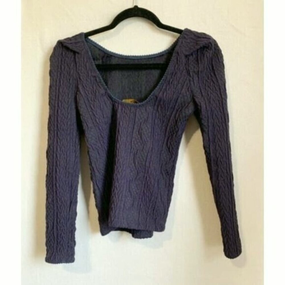 7 For All Mankind Women’s Purple Cable Knit Top XS Deep Scoop Grunge Preppy - Picture 9 of 9